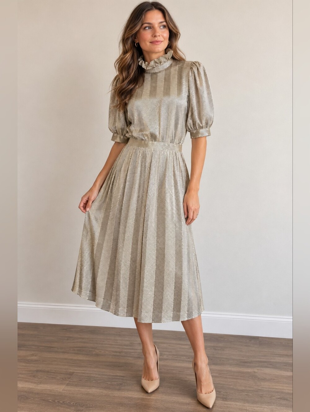 Vintage Albert Nipon Silk Polka Dot Feminine Secretary Dress Ruffle High Neck 10